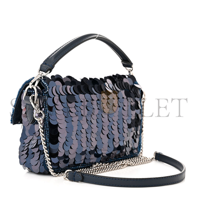 FENDI SEQUIN PAILLETTES VITELLO GRACE STRIPED MINI BAGUETTE DARK BLUE LUNAI (19*11*5cm)